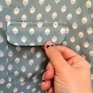 LOFT Teal Blue Acorn Pattern Button Long Sleeves Small Fairy Twee Cottagecore
